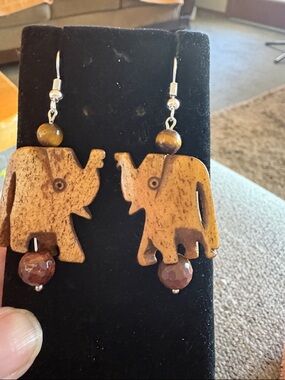 Hand Crafted Wooden Elephant Drop Earrings with Faceted Jasper and Tigers Eye